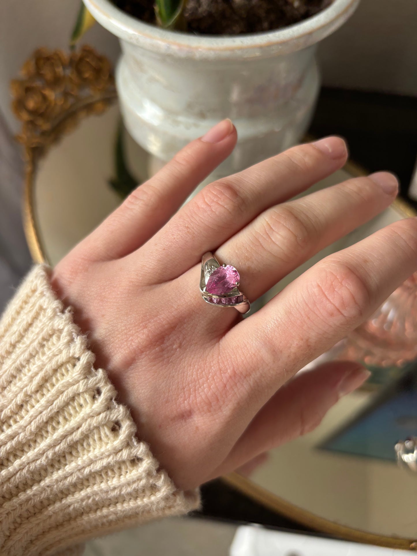 10k White Gold Pink Sapphire & Diamond Ring