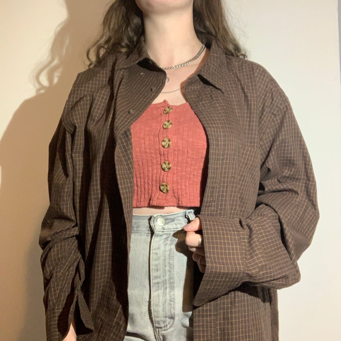 Brown Grid Button-up