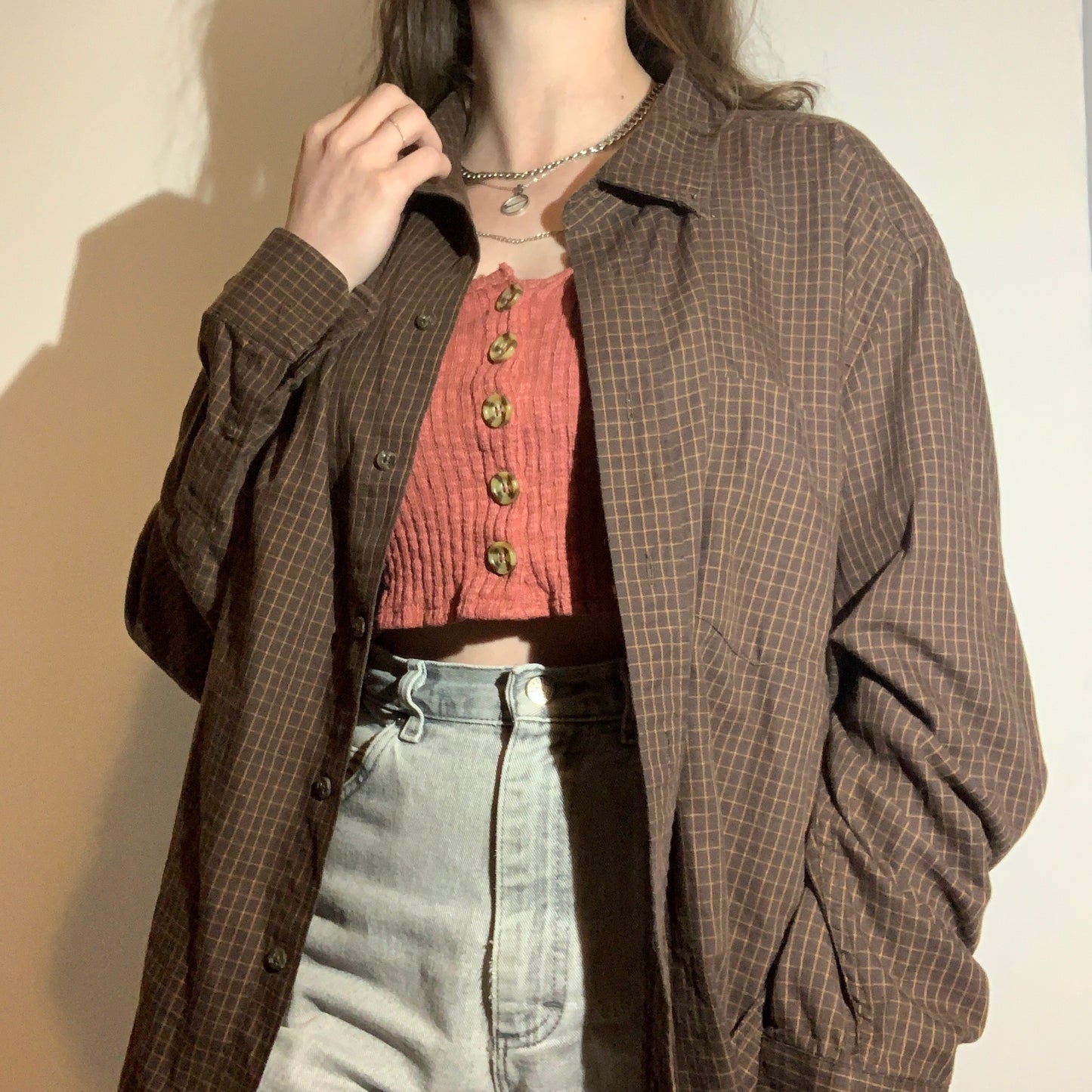 Brown Grid Button-up