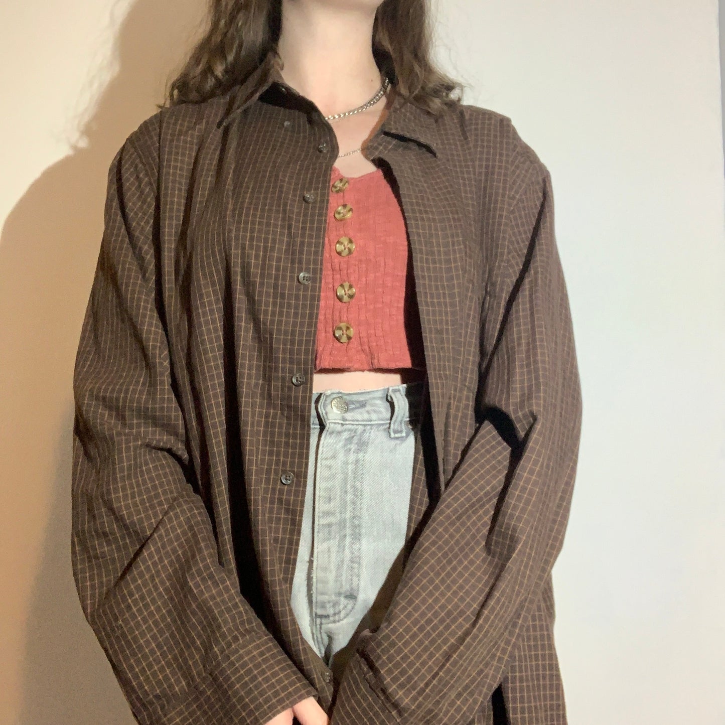 Brown Grid Button-up