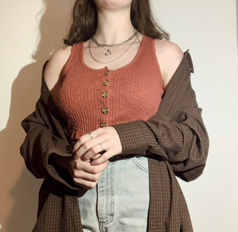 Brown Grid Button-up