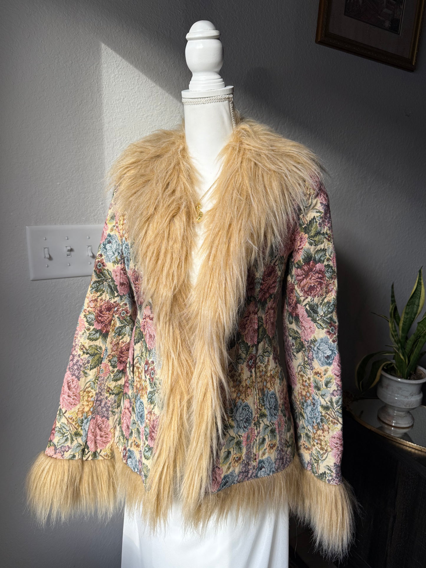 Fur Lined Floral Tapestry Coat