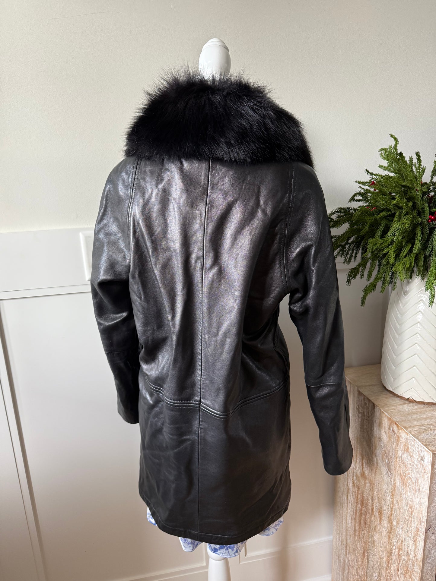 Fox Fur Collared Leather Coat