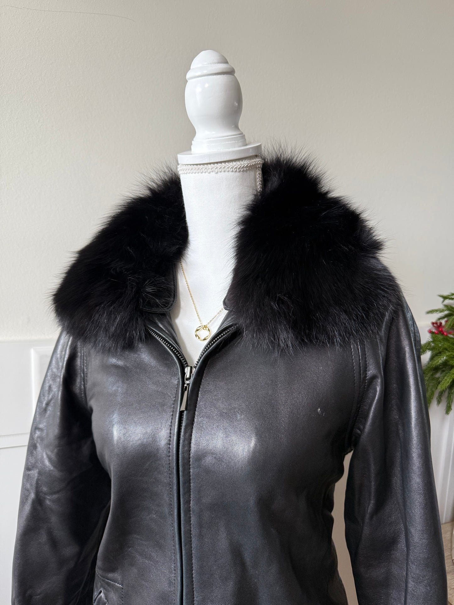 Fox Fur Collared Leather Coat