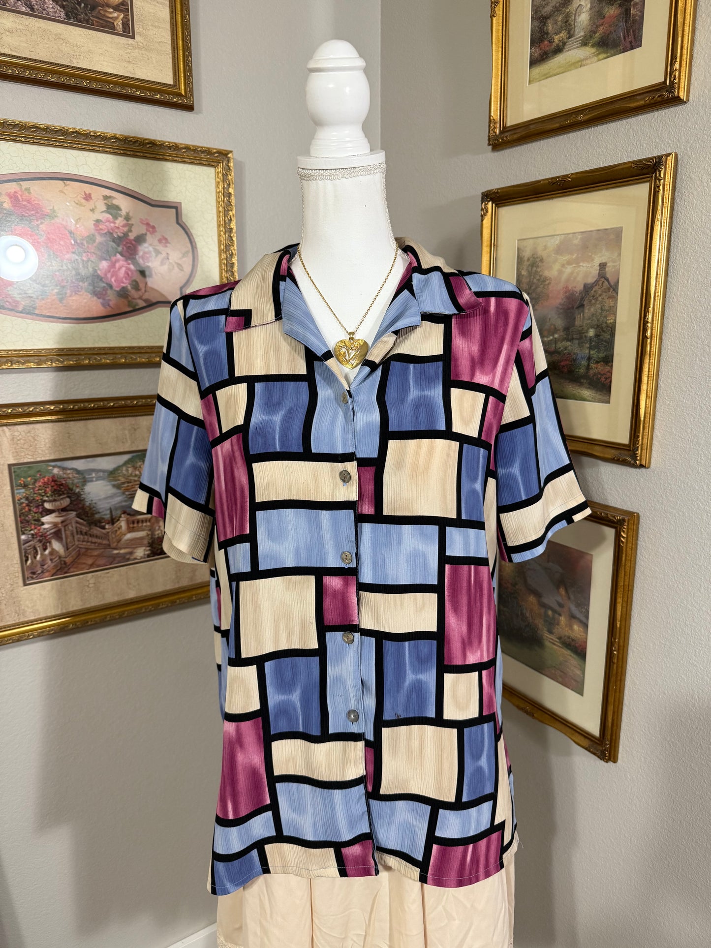 Multicolor Geometric Button Up