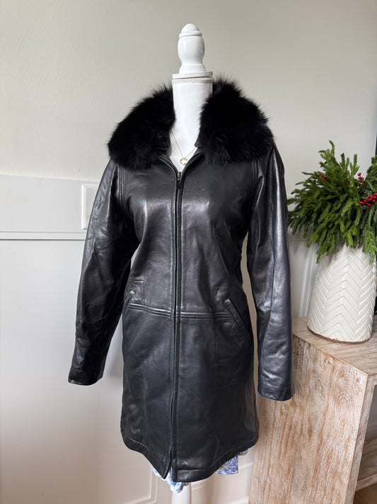 Fox Fur Collared Leather Coat
