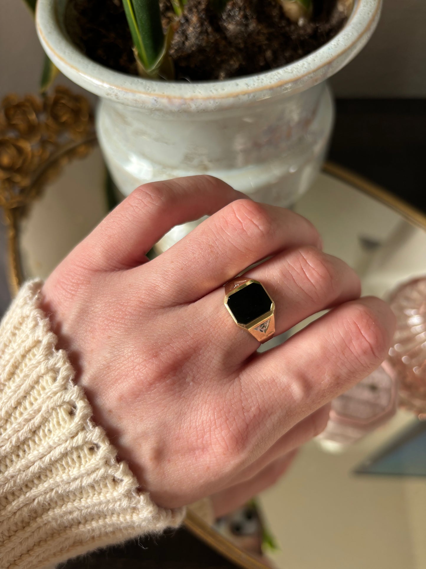 10k Yellow Gold Onyx Signet Ring with Diamond Accents