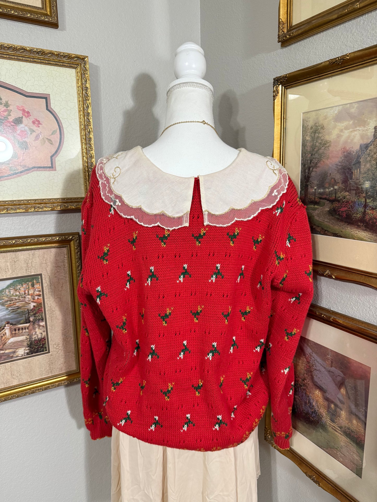 Vintage Red Collared Floral Sweater