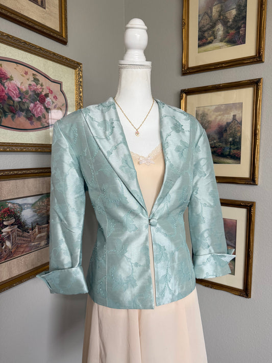 Jessica Howard Light Blue Satin 90s Embroidered Floral Blazer