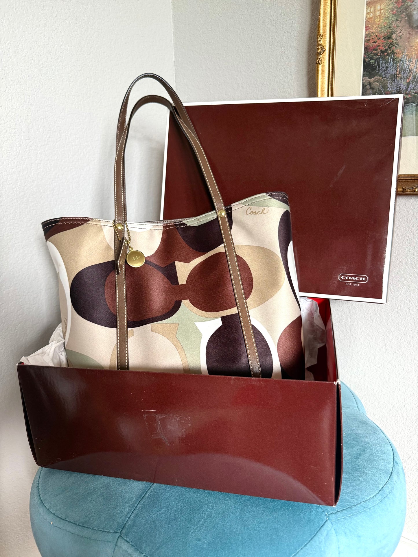 Coach Green & Brown Monogram Tote Bag in Original Box