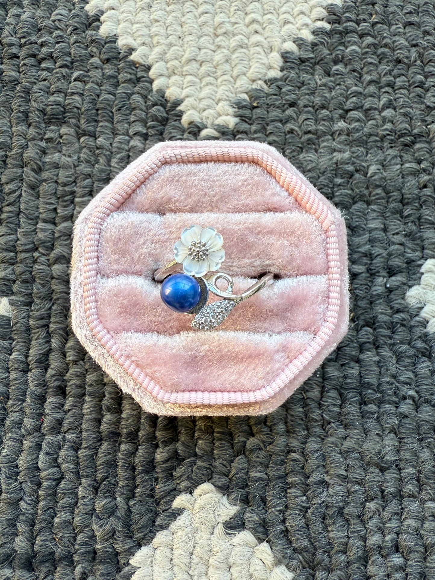 Sterling Blue Pearl Flower Ring (7.5-8)