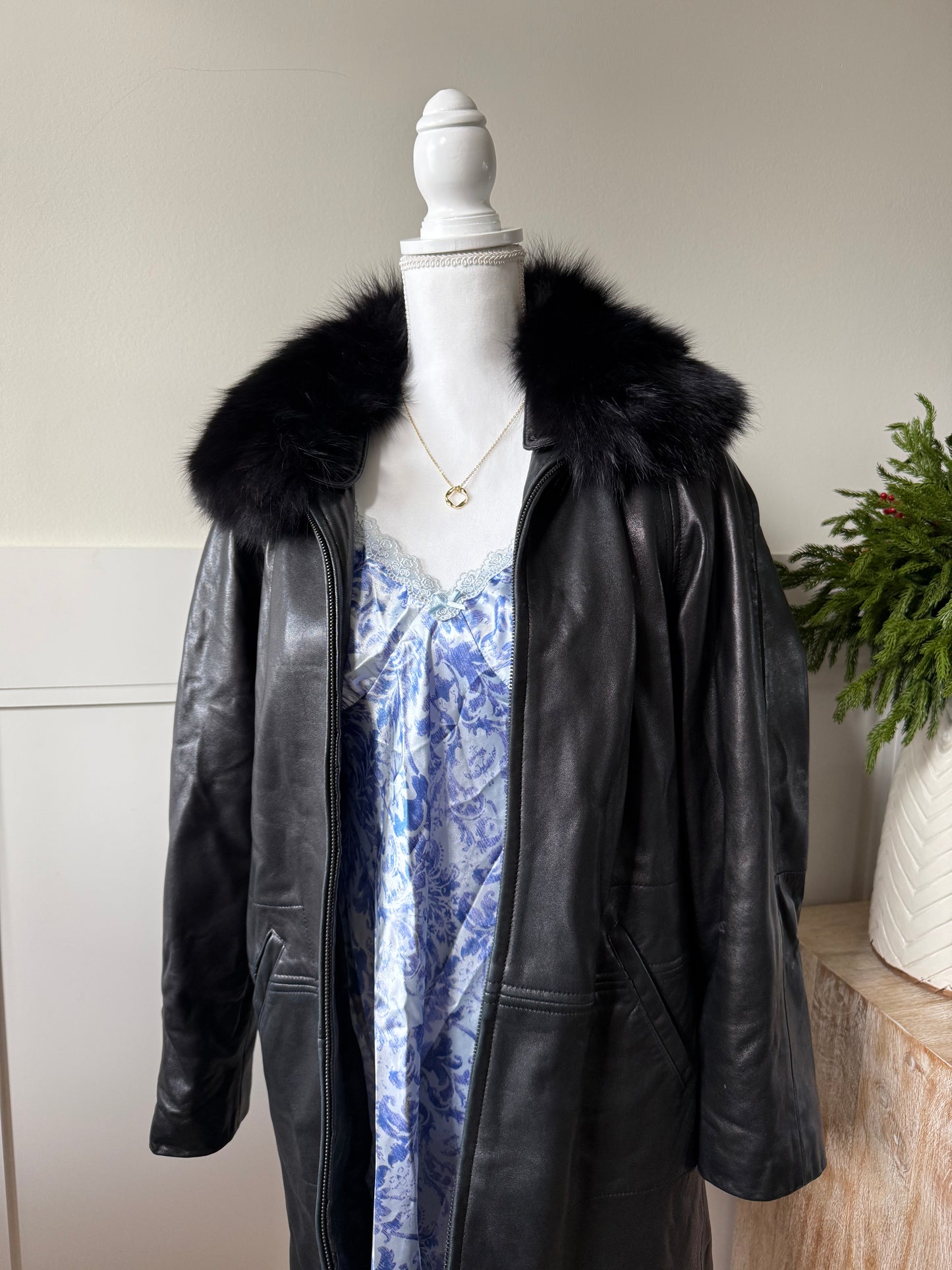Fox Fur Collared Leather Coat