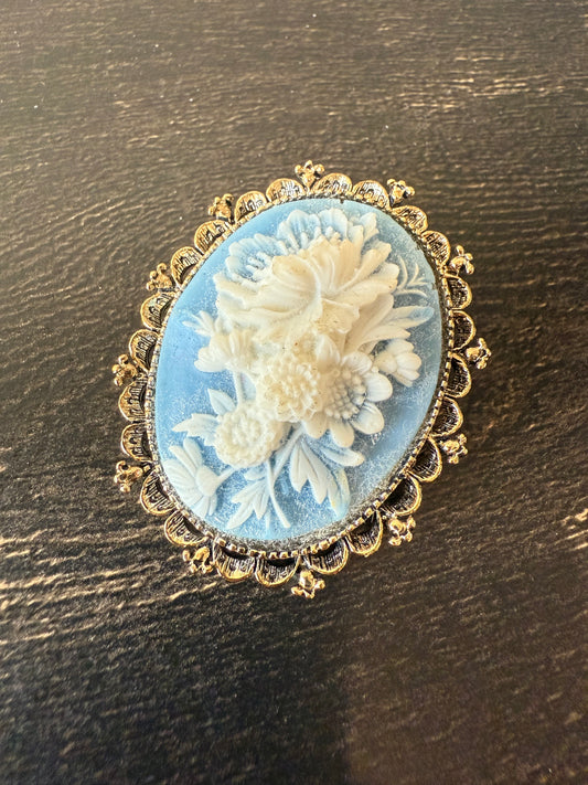 Blue Floral Cameo Brooch
