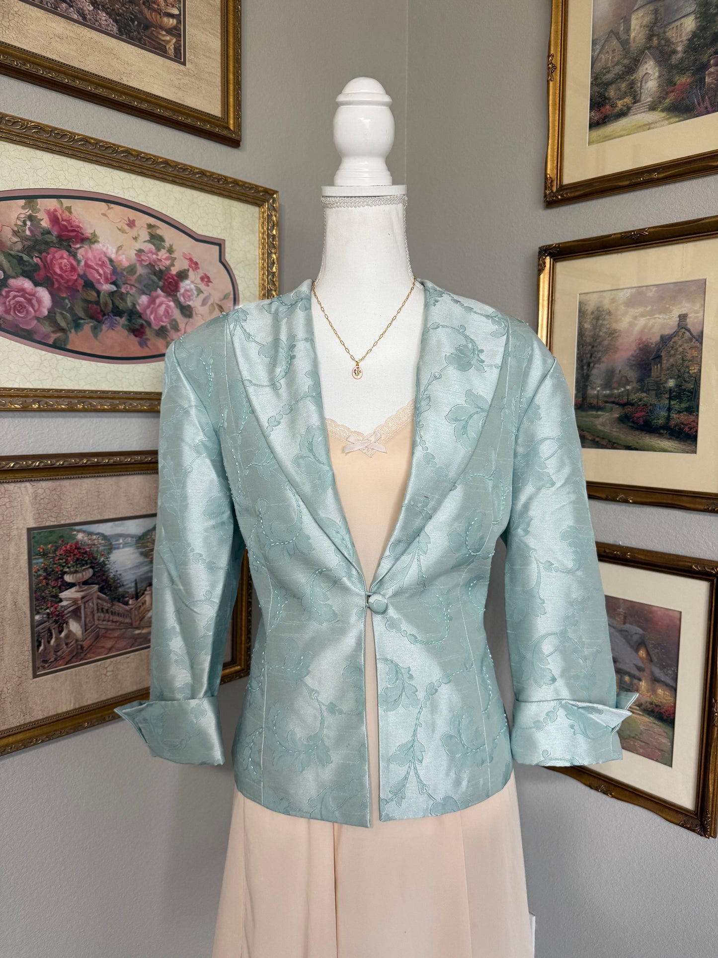 Jessica Howard Light Blue Satin 90s Embroidered Floral Blazer