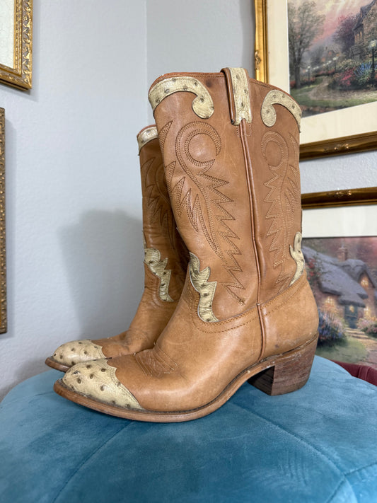 Vintage Ostrich Brown & Cream Western Boots