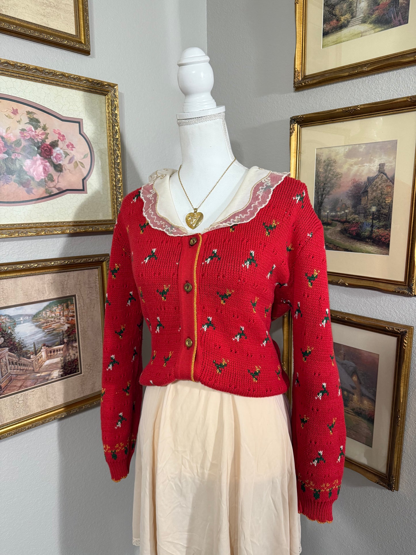 Vintage Red Collared Floral Sweater