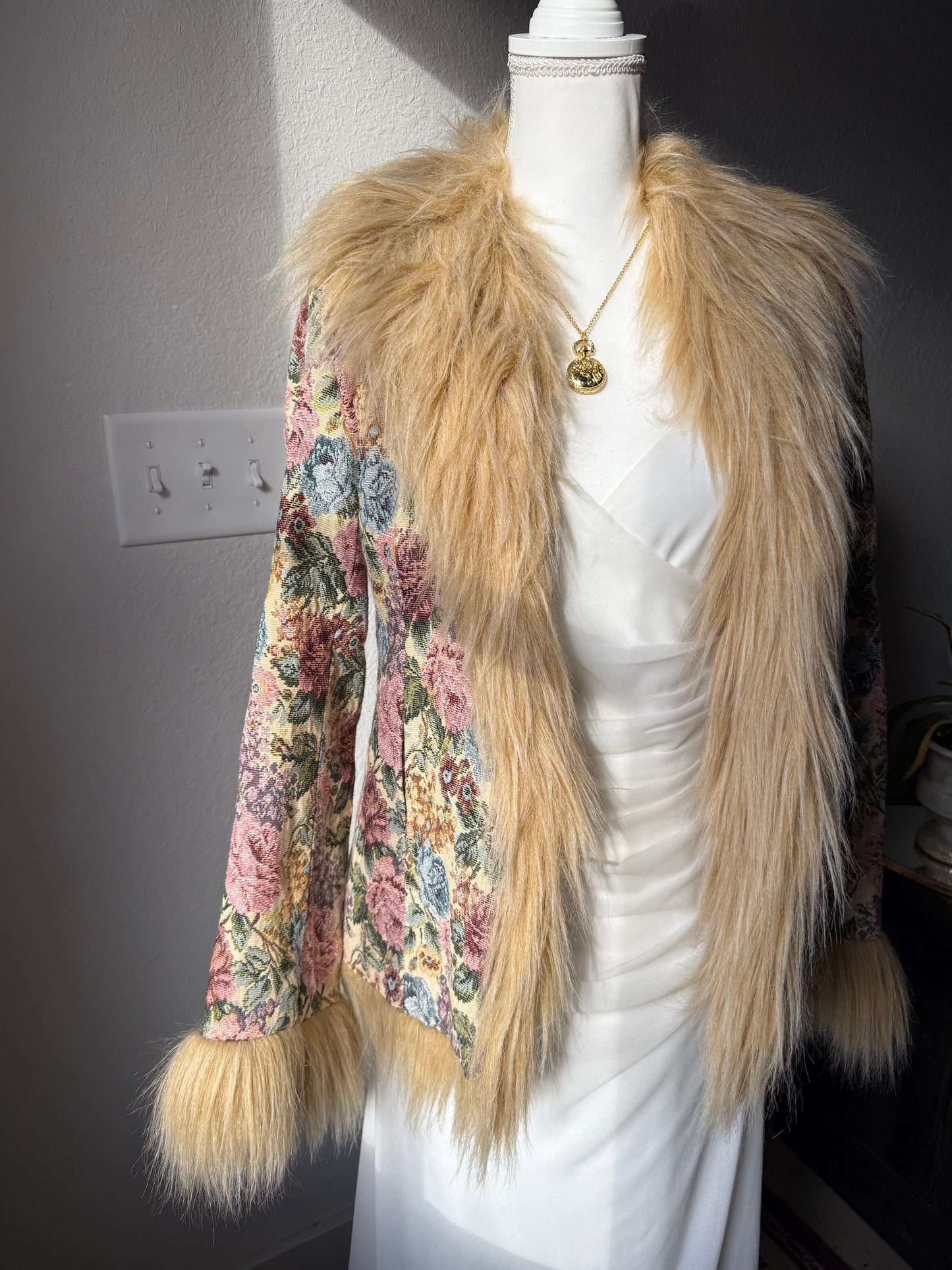 Fur Lined Floral Tapestry Coat