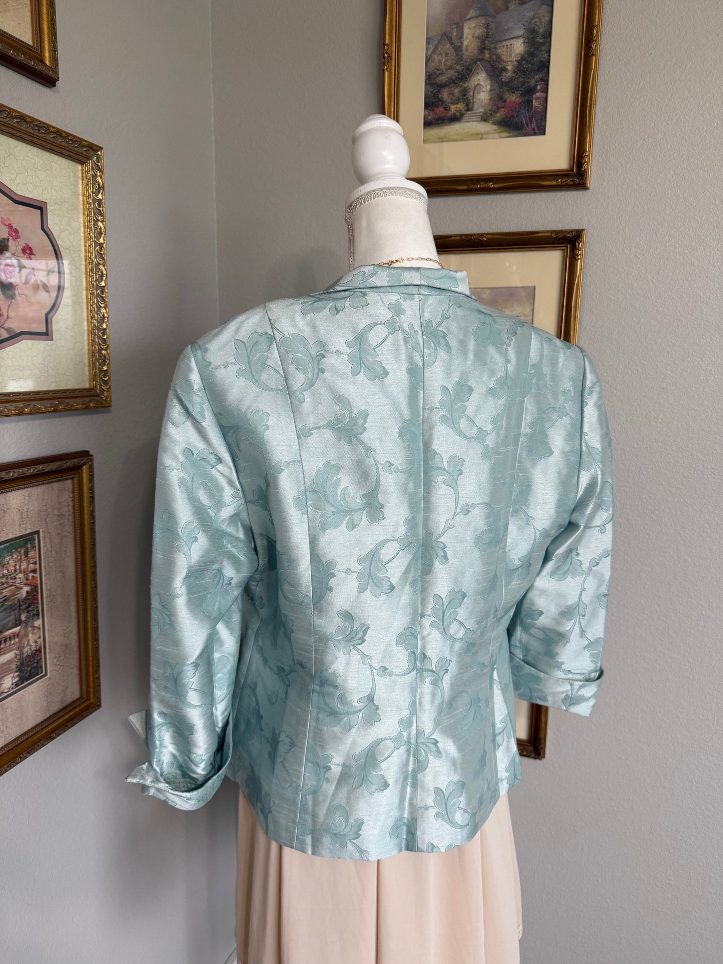 Jessica Howard Light Blue Satin 90s Embroidered Floral Blazer