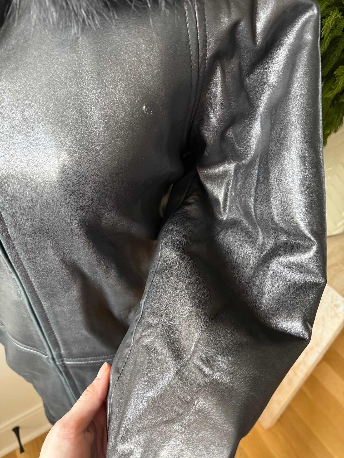 Fox Fur Collared Leather Coat