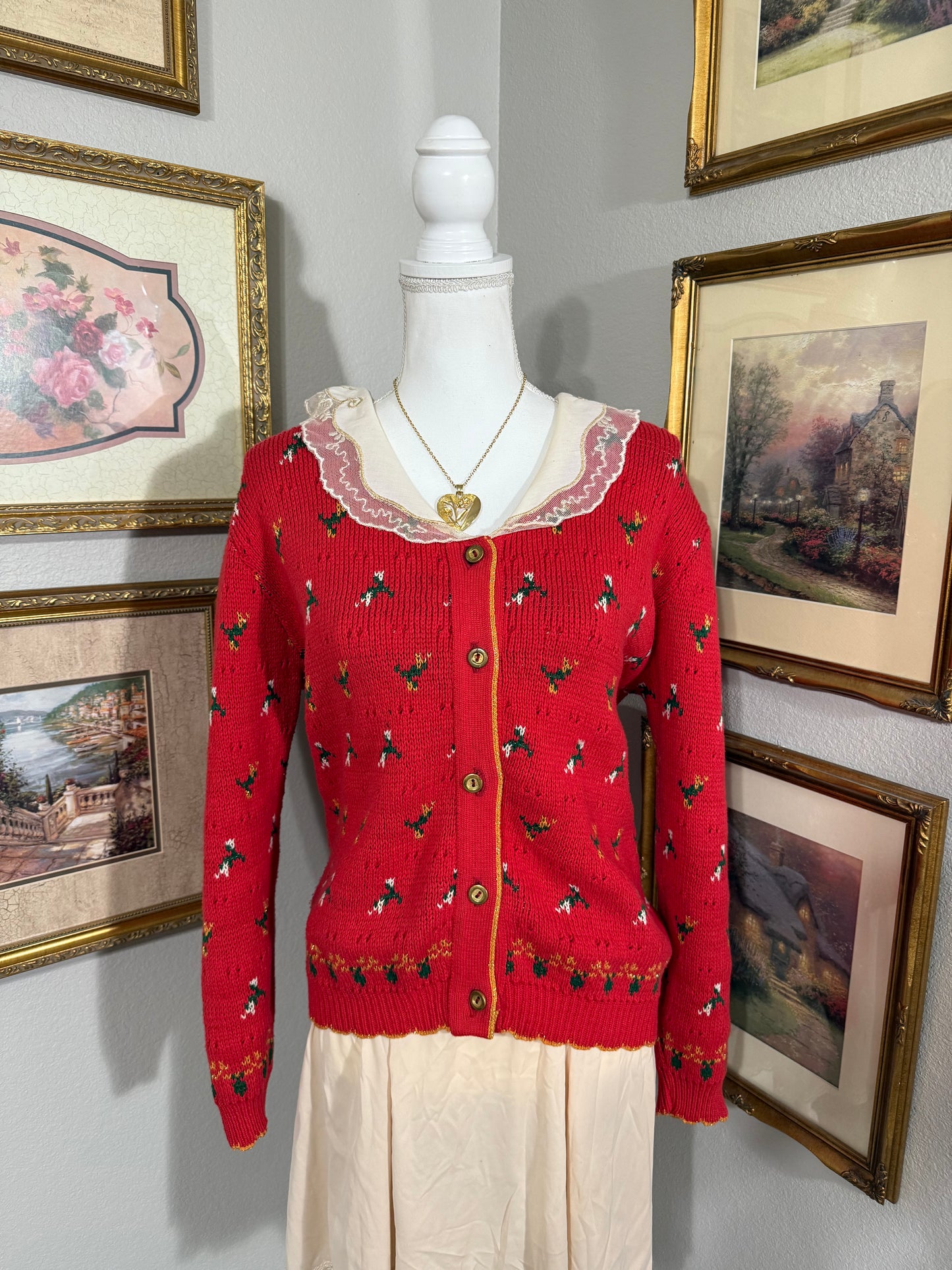 Vintage Red Collared Floral Sweater