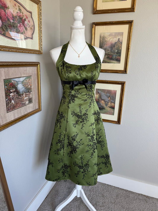 Vintage Olive Green Satin and Velvet Floral Dress